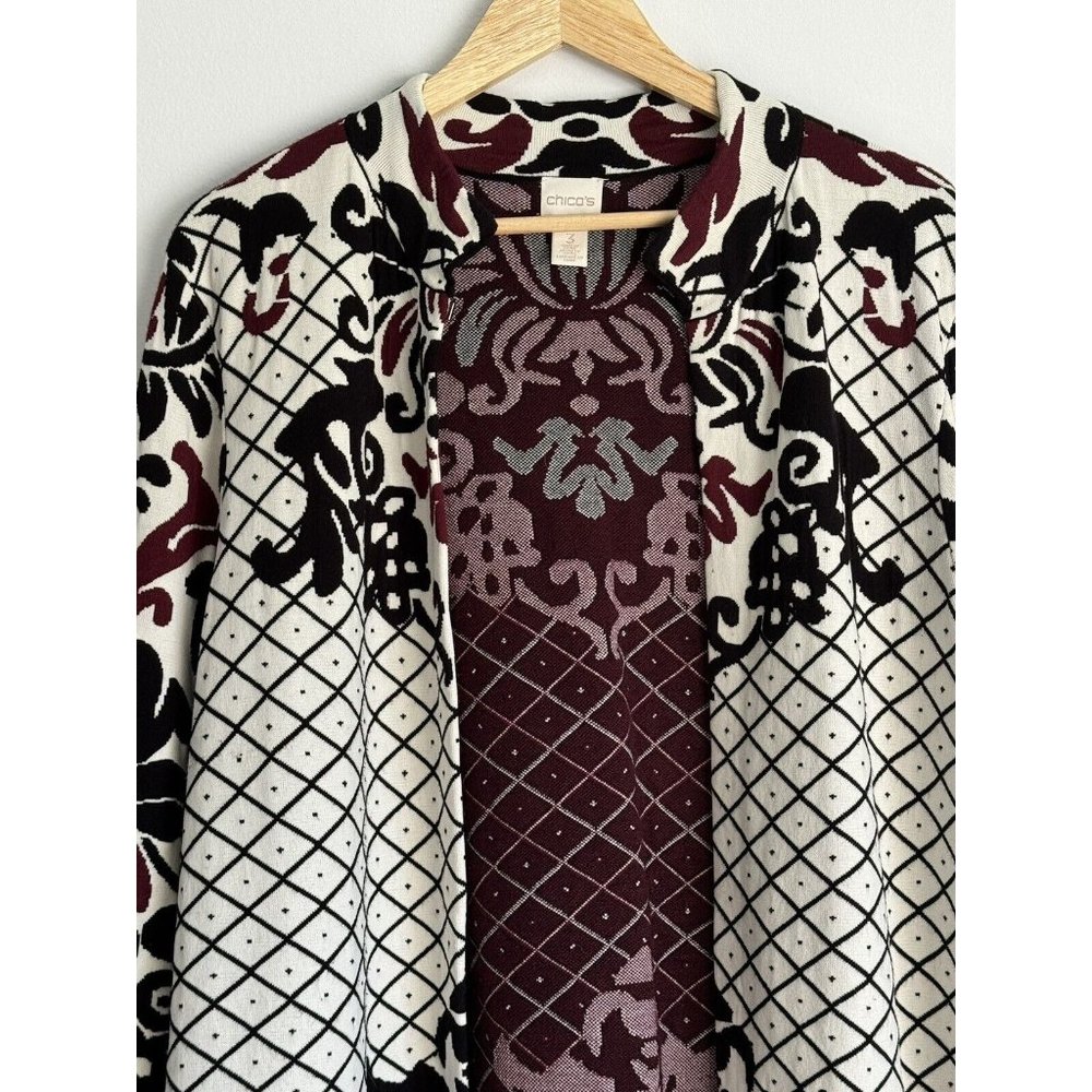 Chico’s Cardigan Jacket Sz 3 XL Black Ivory Stretch Polyester Contrast Scroll - Picture 6 of 15